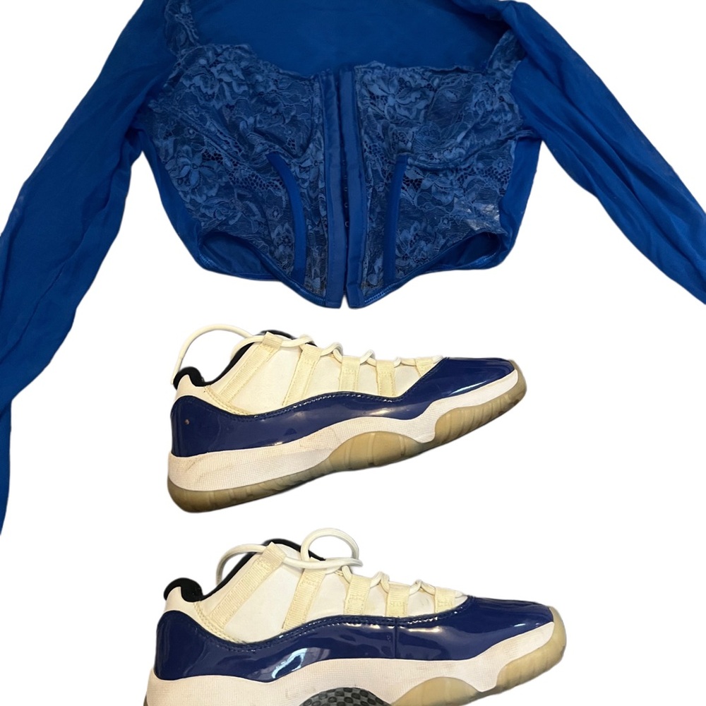 Blue Lace Corset Top and blue Jordan 11 Sneakers